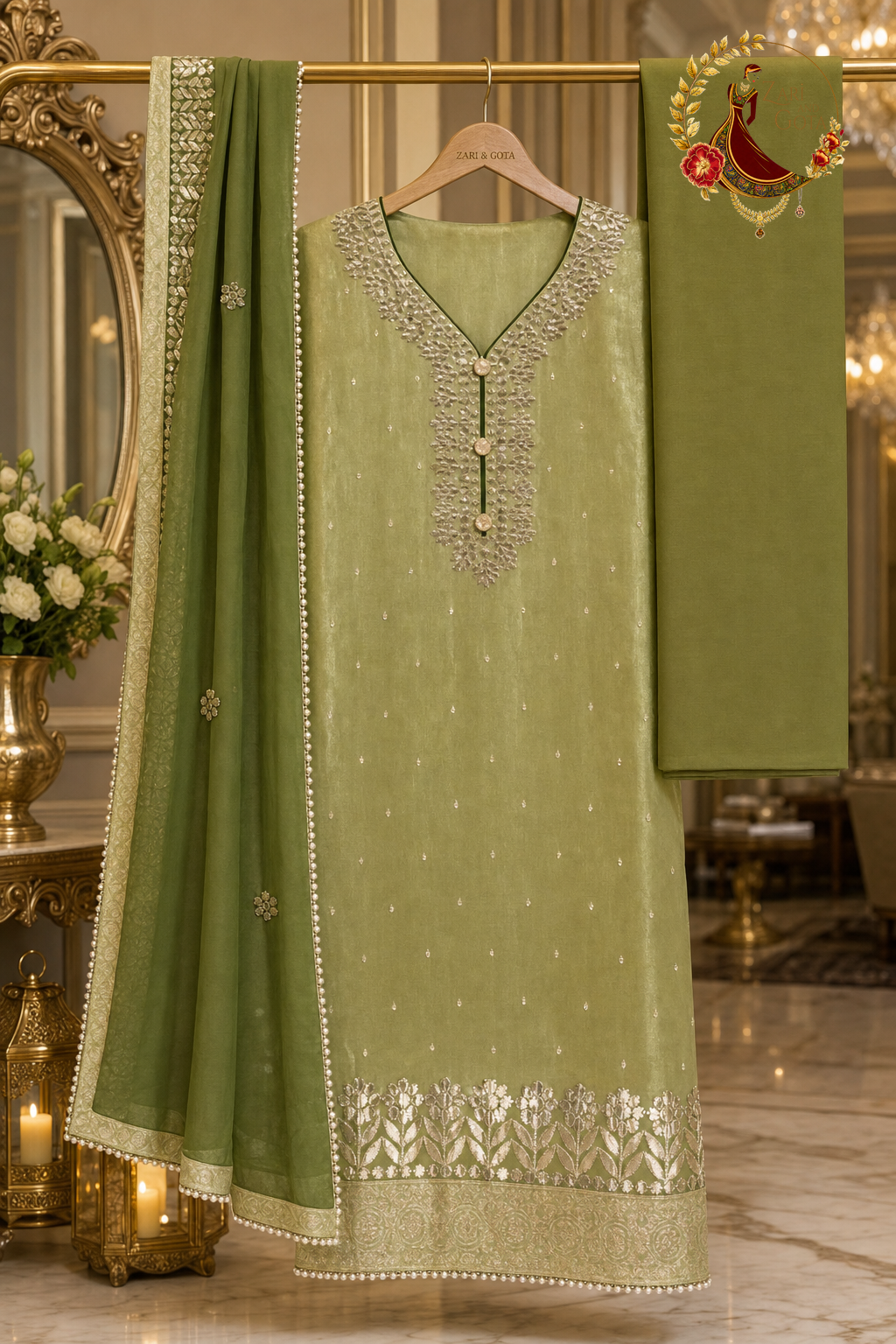 Unstitched olive green Banarasi tissue gota work suit set components displayed on a hanger: shirt fabric, chiffon dupatta and bottom