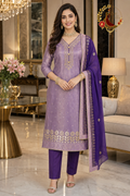 Purple Banarasi tissue unstitched suit set with gold gota-patti work and pearl-edged chiffon dupatta, worn by a model, Zari and Gota UK