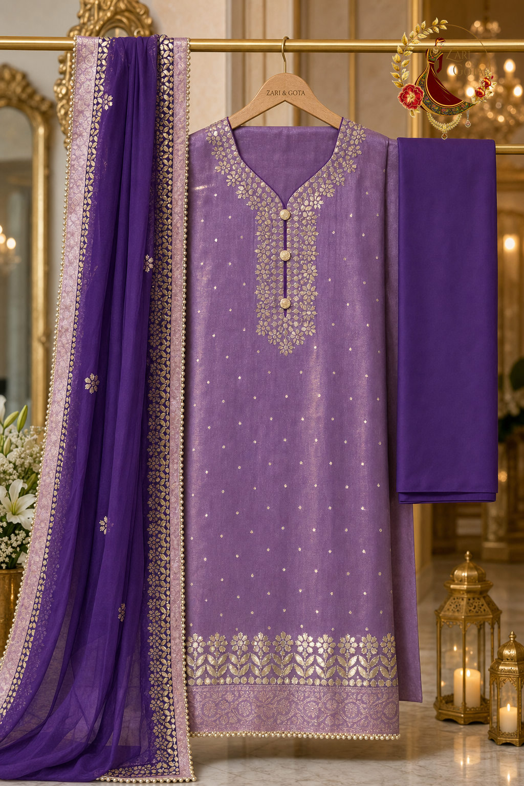 Unstitched purple Banarasi tissue gota work suit set components displayed on a hanger: shirt fabric, chiffon dupatta and bottom