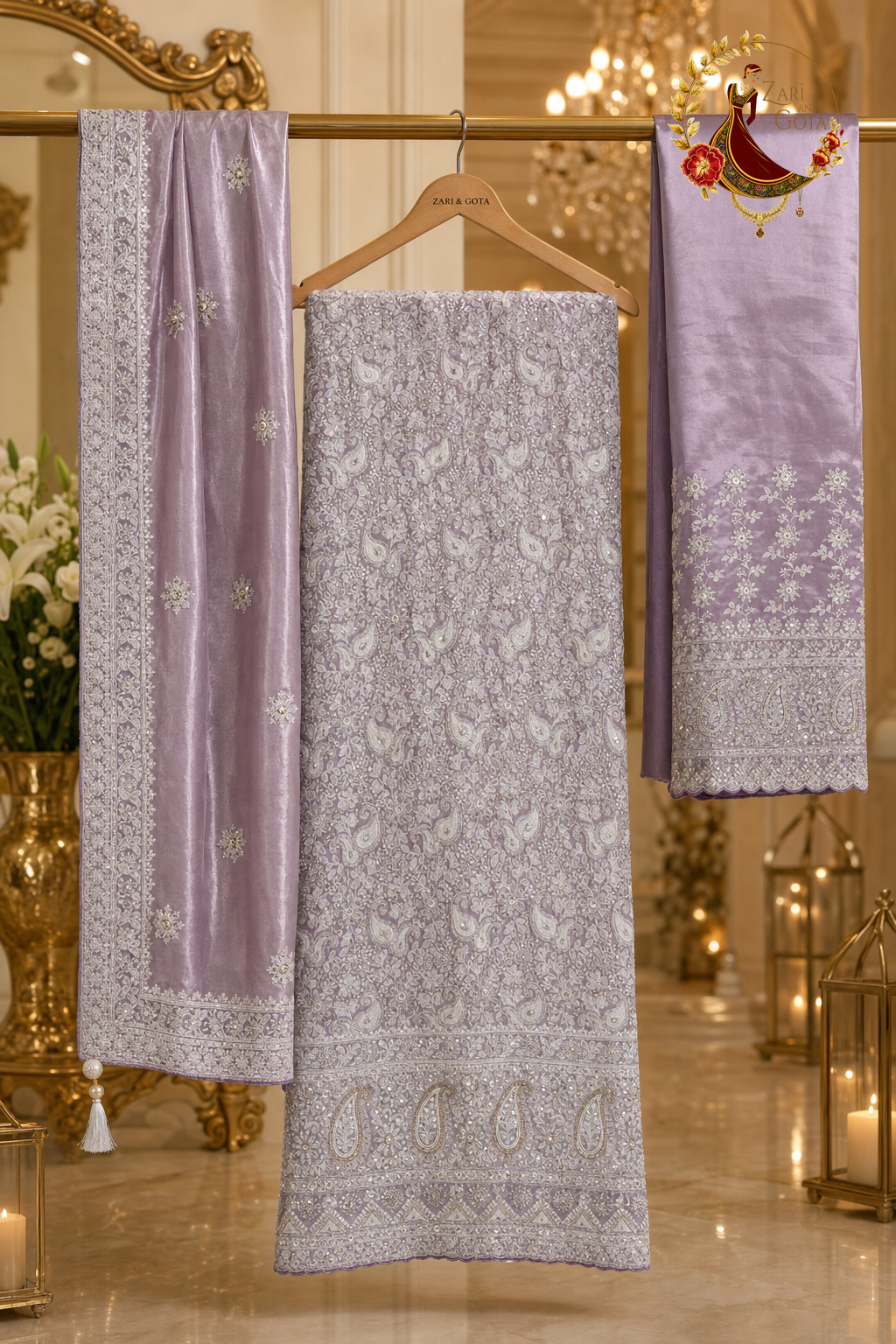 Unstitched lavender tissue silk embroidered suit set components displayed on a hanger: shirt fabric, dupatta and embroidered bottom