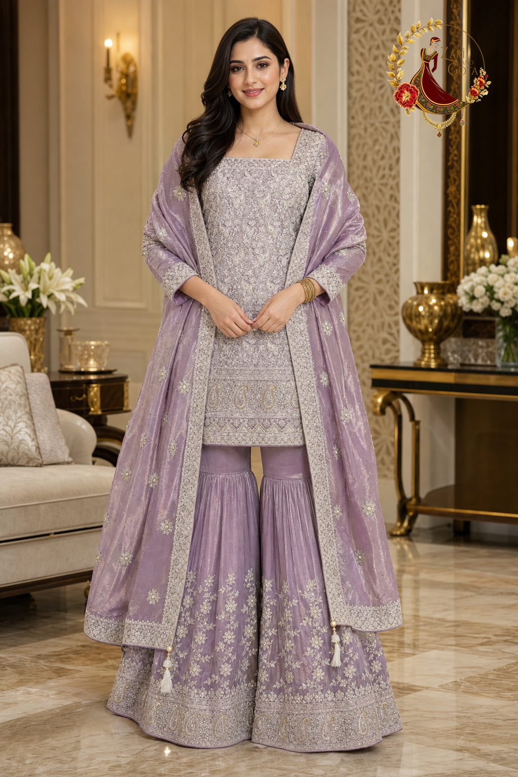 Lavender tissue silk embroidered suit styled as a short kameez with sharara, dupatta wrapped over both shoulders and held in front, worn by a model, Zari and Gota UK