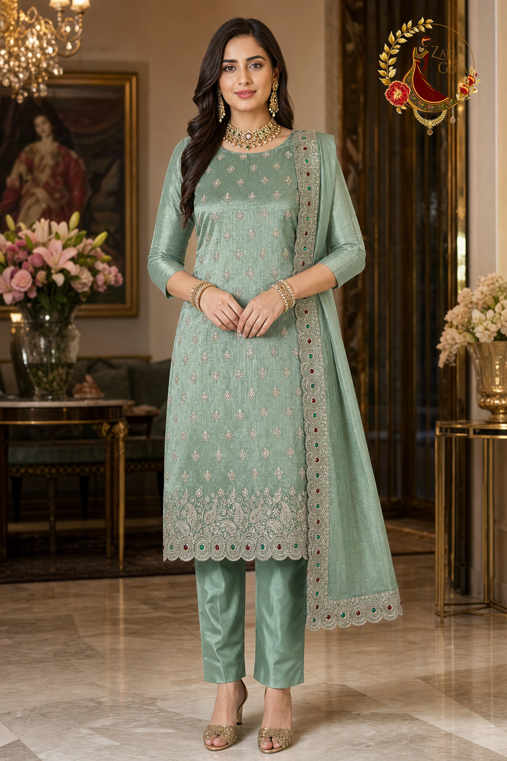 Sea green shimmer silk unstitched suit set with gold zari butis and red-and-green stone scalloped border, worn by a model, Zari and Gota UK