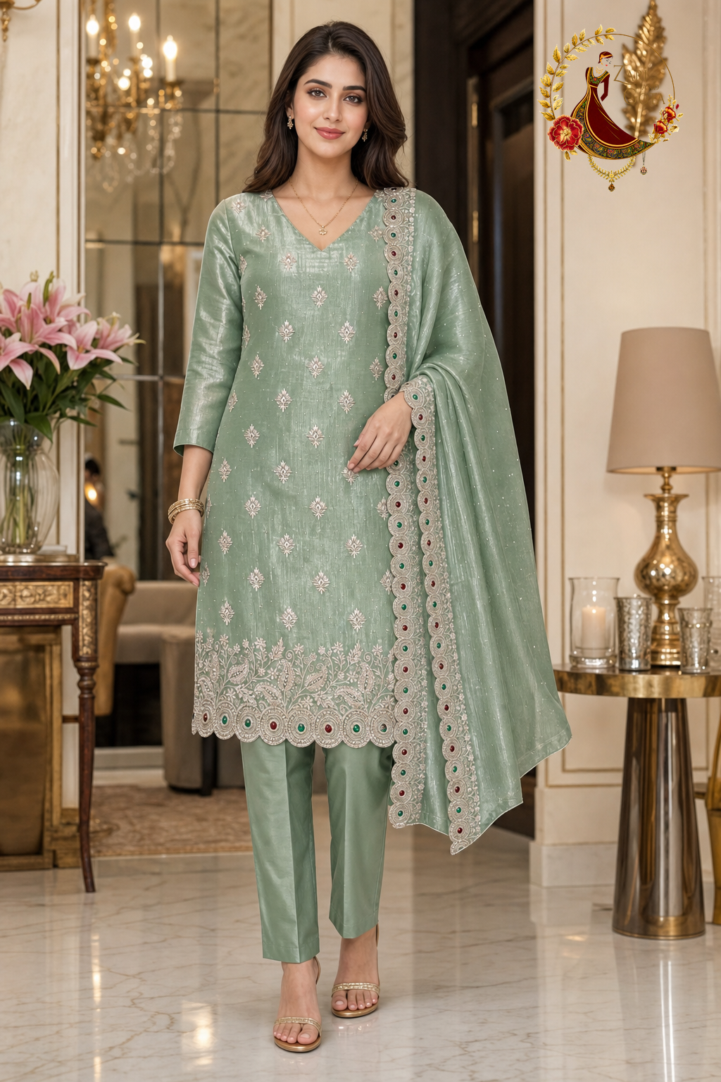 Sea green shimmer silk unstitched suit set with gold zari butis and red and green stone scallop border, worn by a model, V neckline, Zari and Gota UK