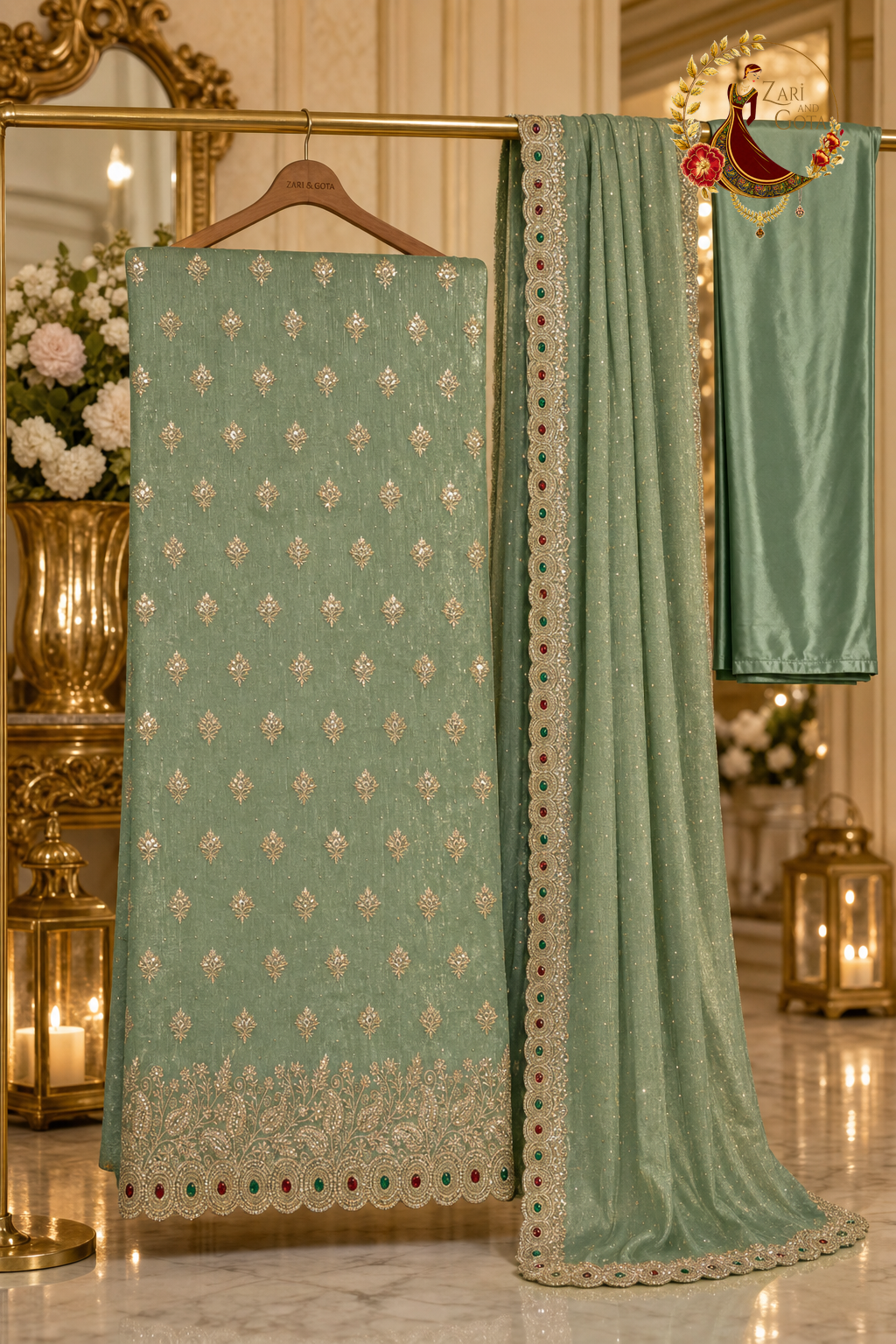 Unstitched sea green shimmer silk gold zari suit set components displayed on a hanger: shirt fabric, stone-bordered dupatta and bottom