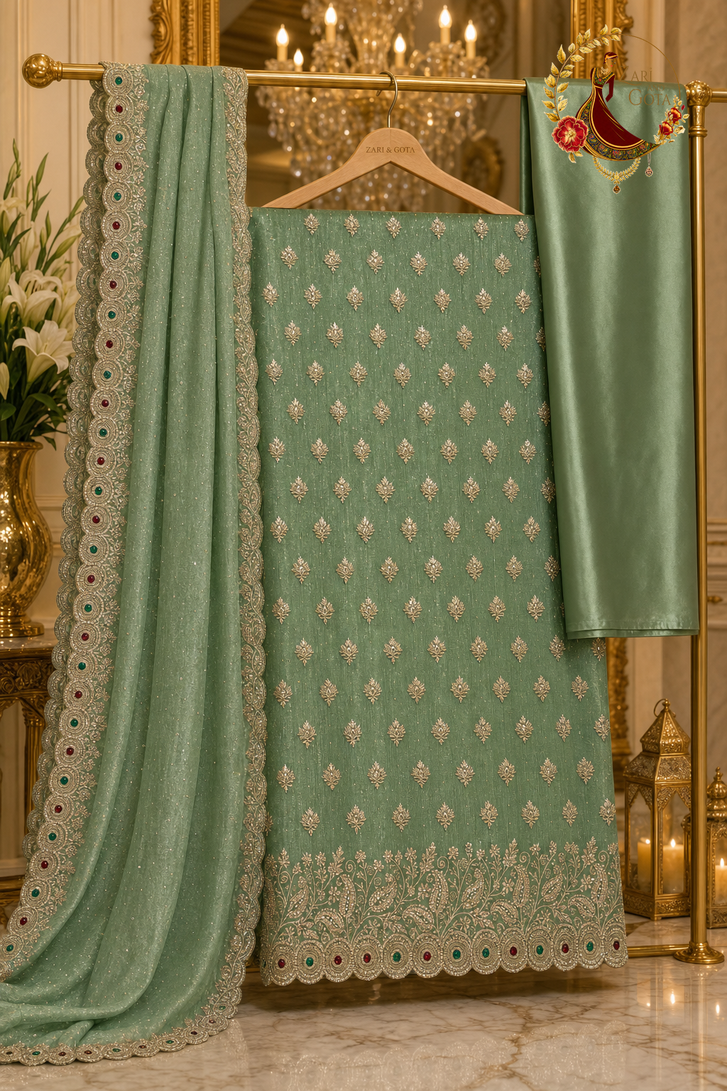 Unstitched sea green shimmer silk suit set components displayed on a hanger: shirt fabric, dupatta and plain silk bottom, alternate view