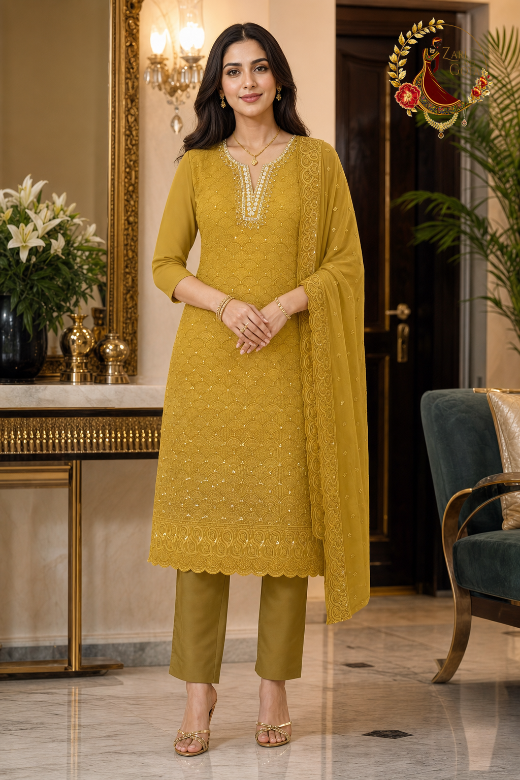 Mustard yellow georgette chikankari unstitched suit set with sequins, pearl-edged neckline and embroidered dupatta, worn by a model, Zari and Gota UK