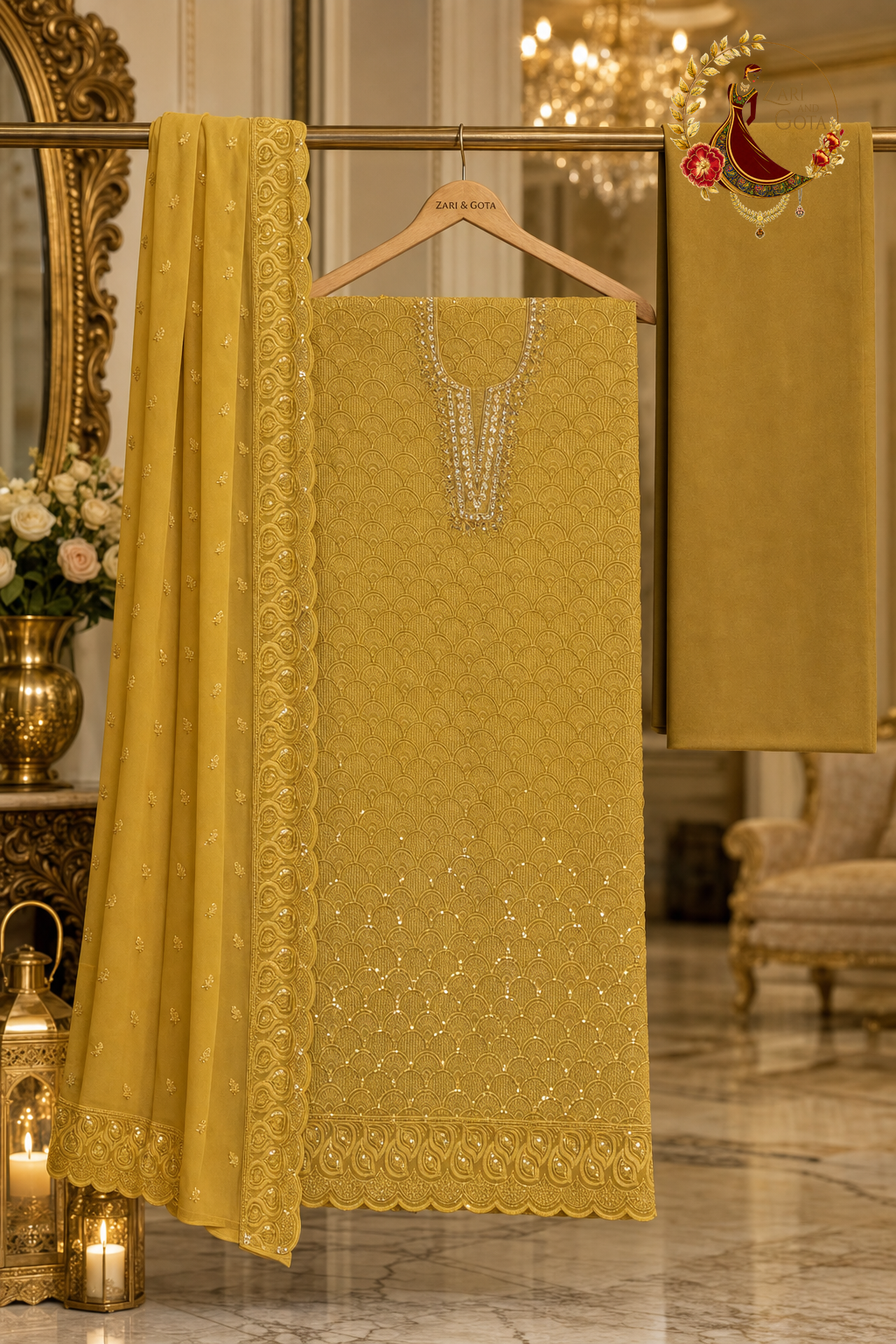 Unstitched mustard yellow georgette chikankari suit set components displayed on a hanger: shirt fabric, dupatta and bottom