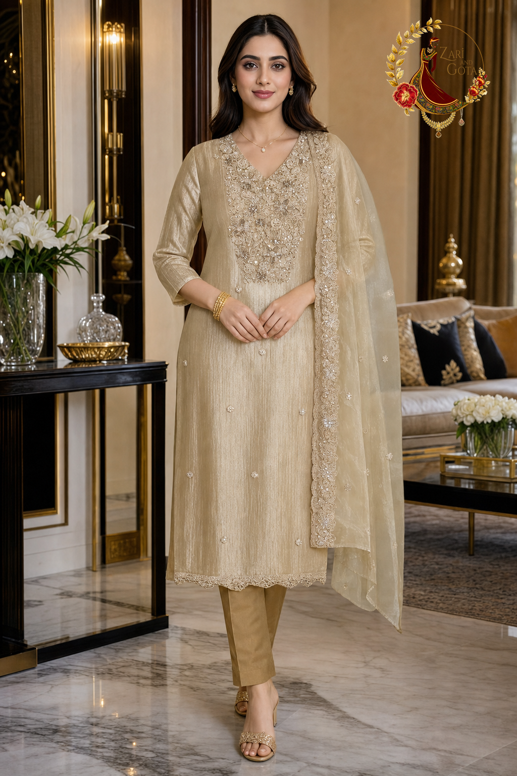 Golden tissue silk unstitched suit set with heavy cutdana and gold thread V-neck embroidery, scattered butis and bordered tissue dupatta, worn by a model, Zari and Gota UK