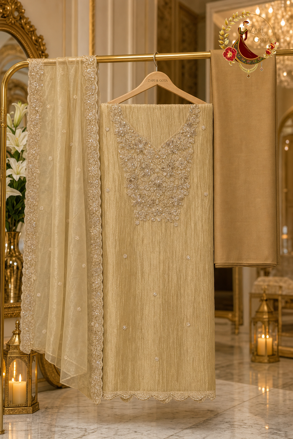 Unstitched golden tissue silk suit set components displayed on a hanger: shirt fabric, dupatta and bottom