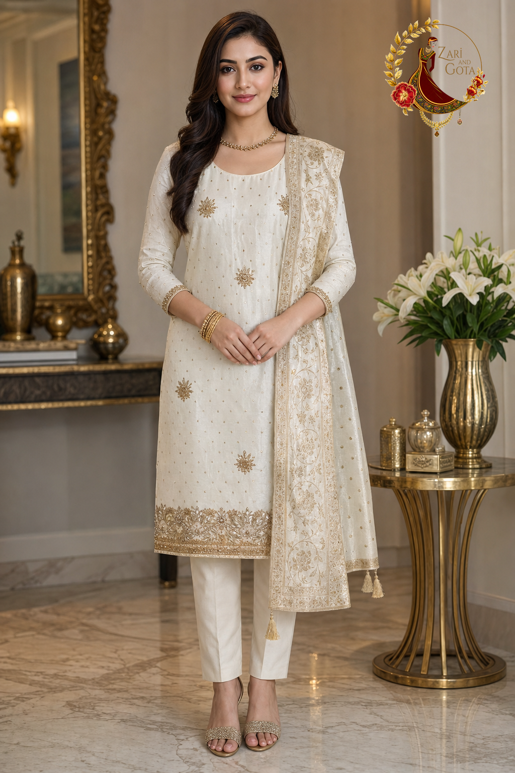 Cream silk unstitched suit set with antique gold zardozi, sequin dots and woven Banarasi zari dupatta, worn by a model, Zari and Gota UK