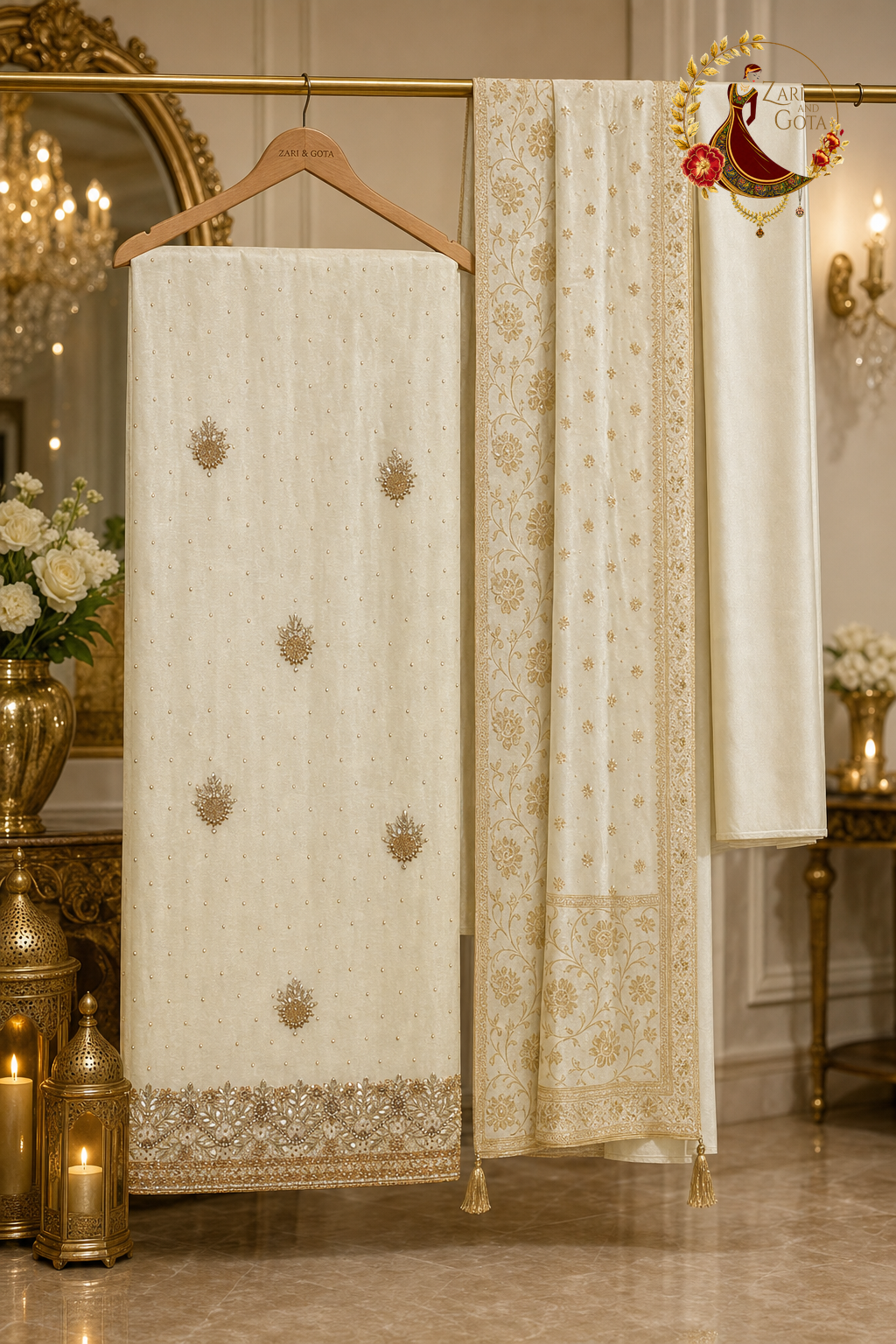 Unstitched cream silk antique zardozi suit set components displayed on a hanger: shirt fabric, Banarasi dupatta and bottom