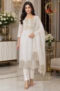 Cream silk unstitched suit set with champagne-gold rose embroidered yoke, cutwork hem and cutwork dupatta, worn by a model, Zari and Gota UK