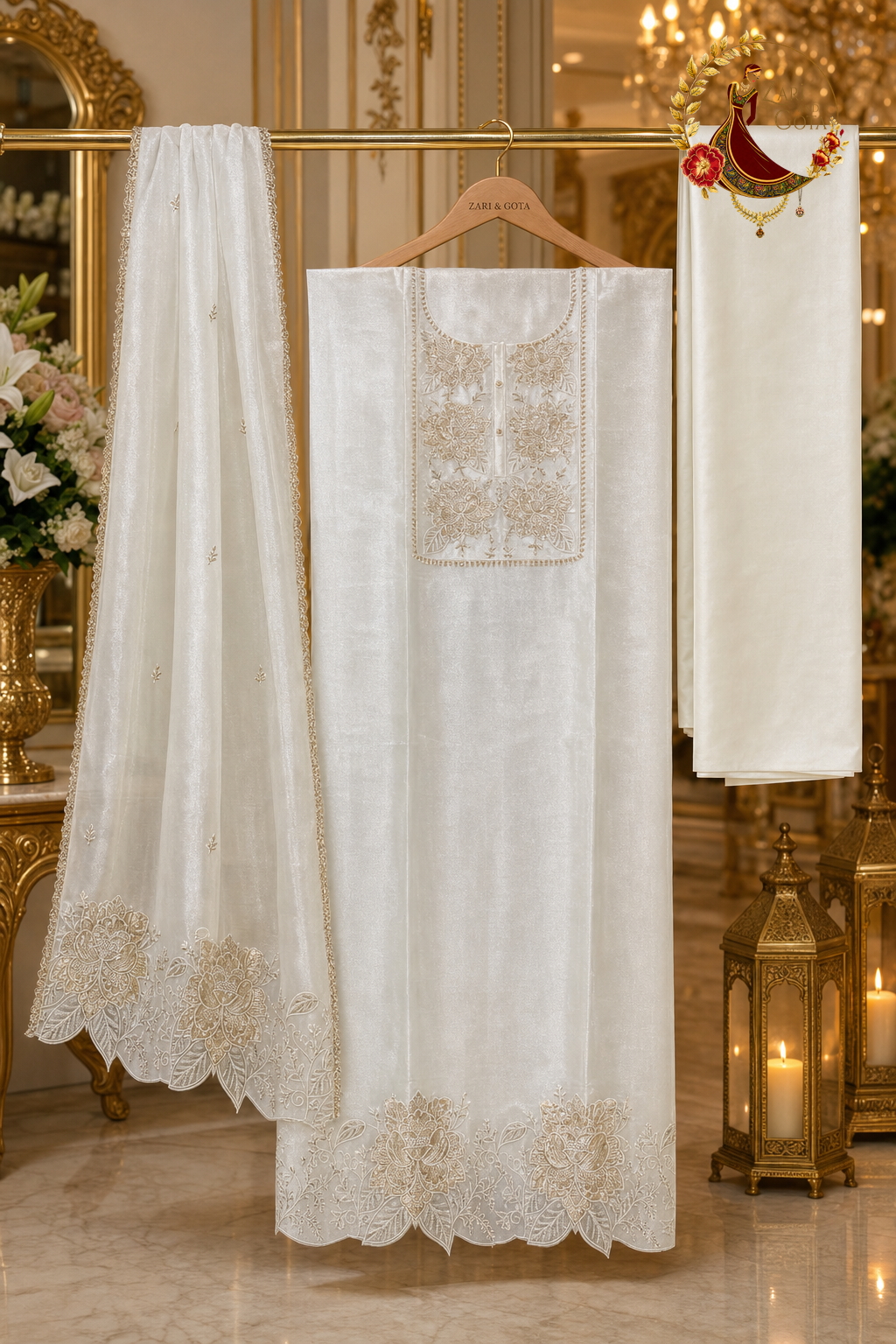 Unstitched cream silk rose embroidered suit set components displayed on a hanger: shirt fabric, cutwork dupatta and bottom