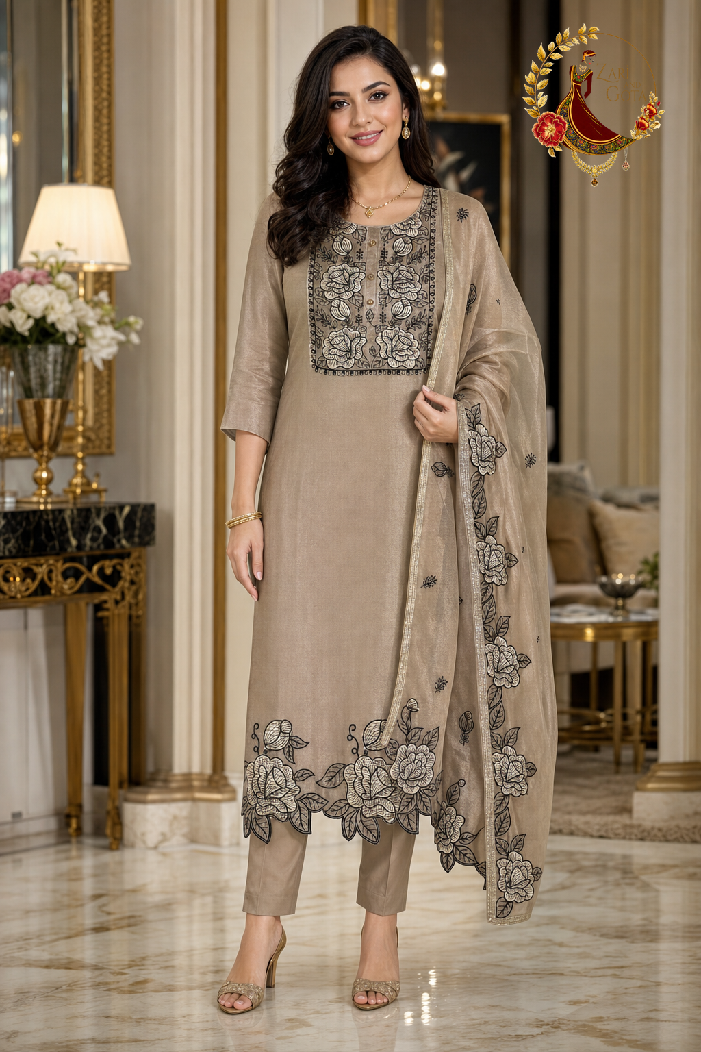 Golden coffee silk unstitched suit set with black-outlined gold rose embroidery, squared yoke, cutwork hem and dupatta, worn by a model, Zari and Gota UK