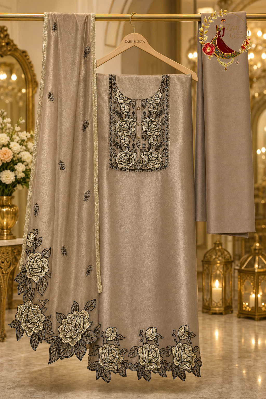 Unstitched golden coffee silk rose embroidered suit set components displayed on a hanger: shirt fabric, cutwork dupatta and bottom