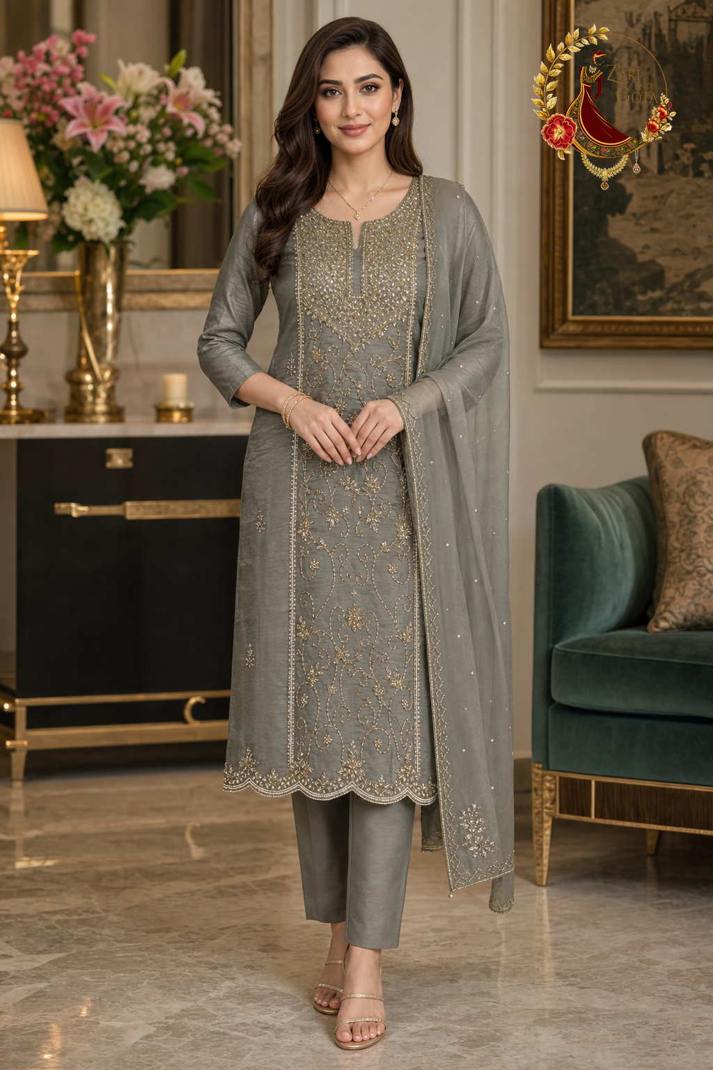 Grey crepe silk unstitched suit set with heavy cutdana and sequin neckline, pearl lines and beaded organza dupatta, worn by a model, Zari and Gota UK
