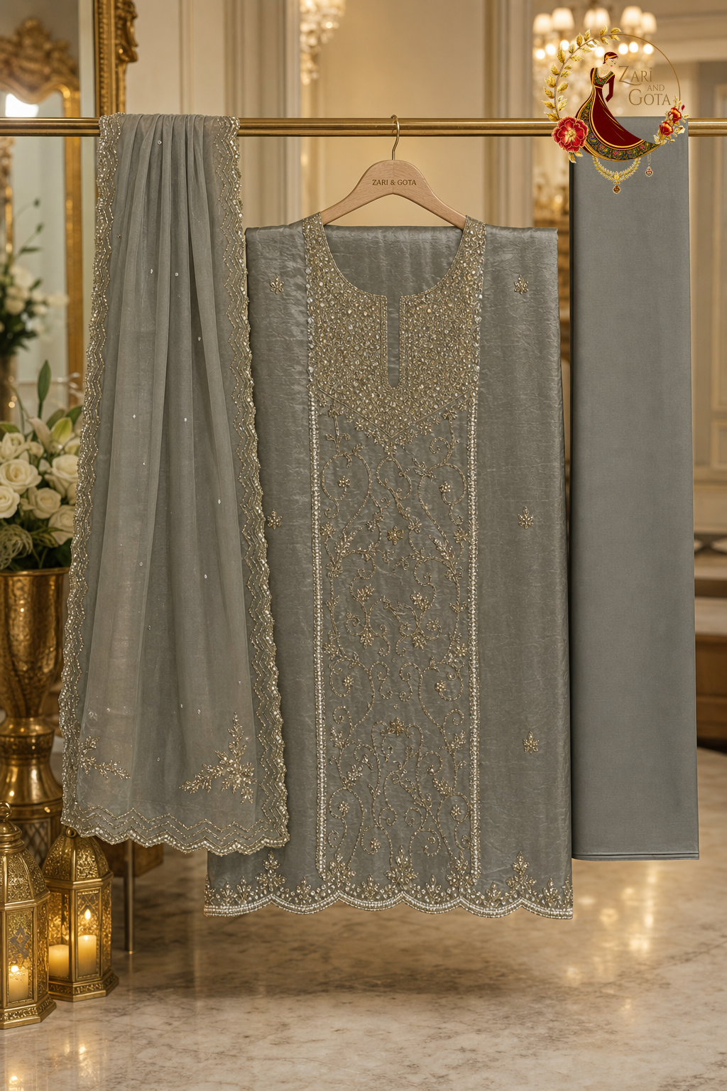 Unstitched grey crepe silk embellished suit set components displayed on a hanger: shirt fabric, dupatta and bottom