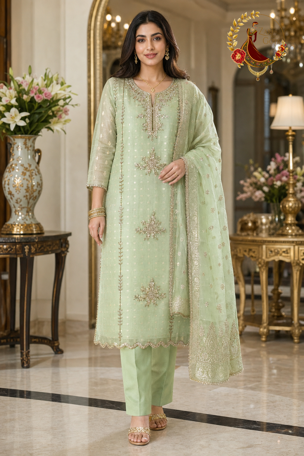 Lemon green Banarasi silk unstitched suit set with cutdana and pearl handwork neckline, beaded vine lines and Banarasi dupatta, worn by a model, Zari and Gota UK