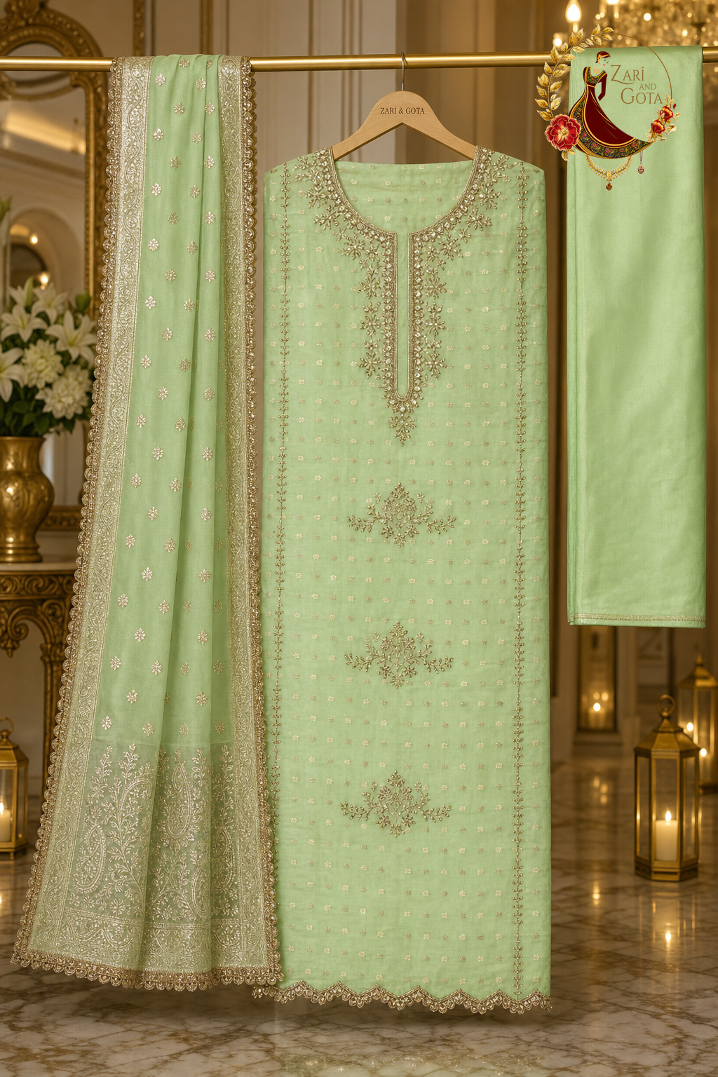 Unstitched lemon green Banarasi silk handwork suit set components displayed on a hanger: shirt fabric, dupatta and bottom