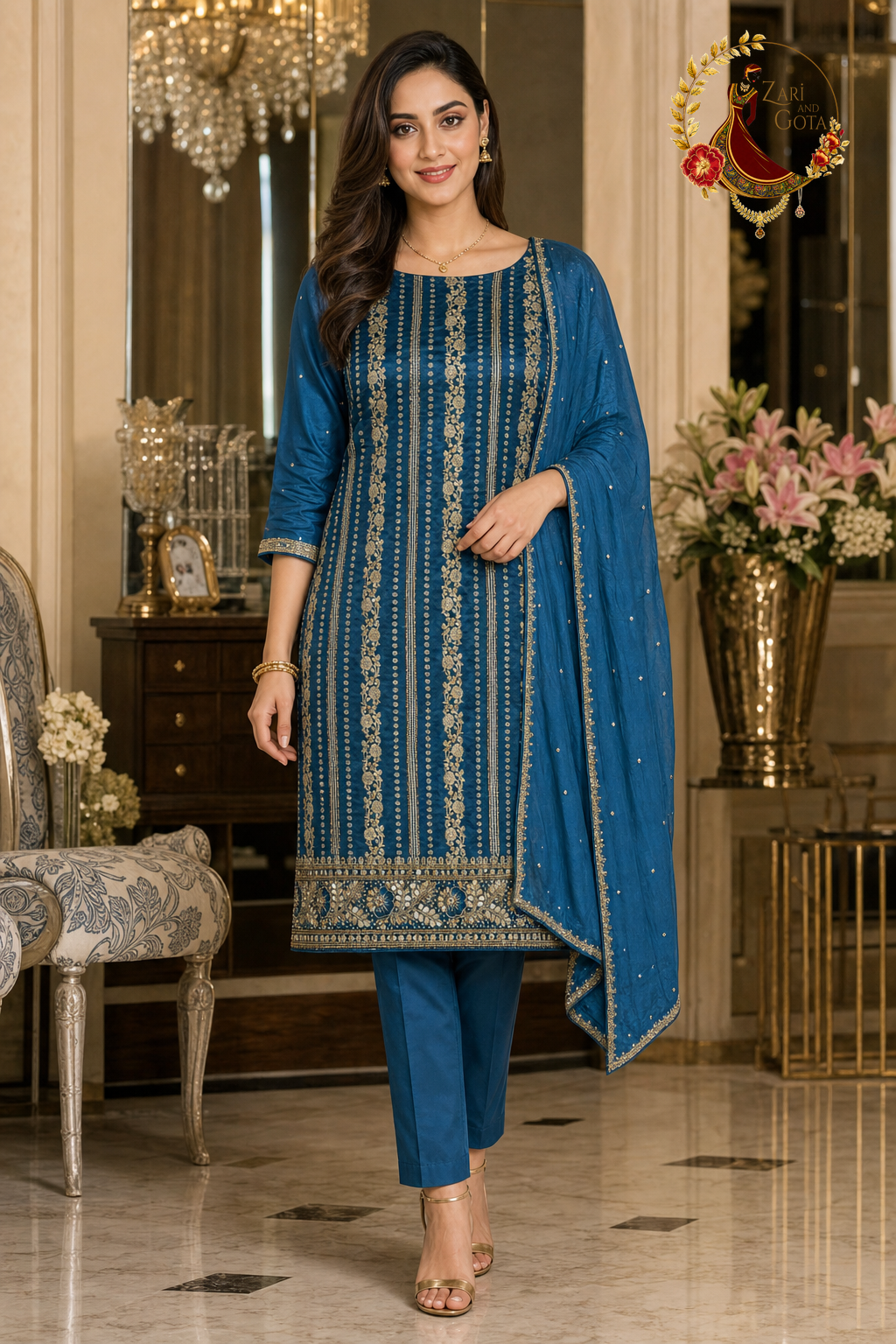 Peacock blue Banarasi silk unstitched suit set with woven gold zari stripes, gota-patti hem band and sequinned chiffon dupatta, worn by a model, Zari and Gota UK