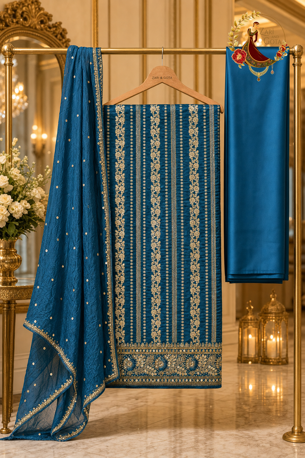 Unstitched peacock blue Banarasi silk suit set components displayed on a hanger: shirt fabric, dupatta and bottom