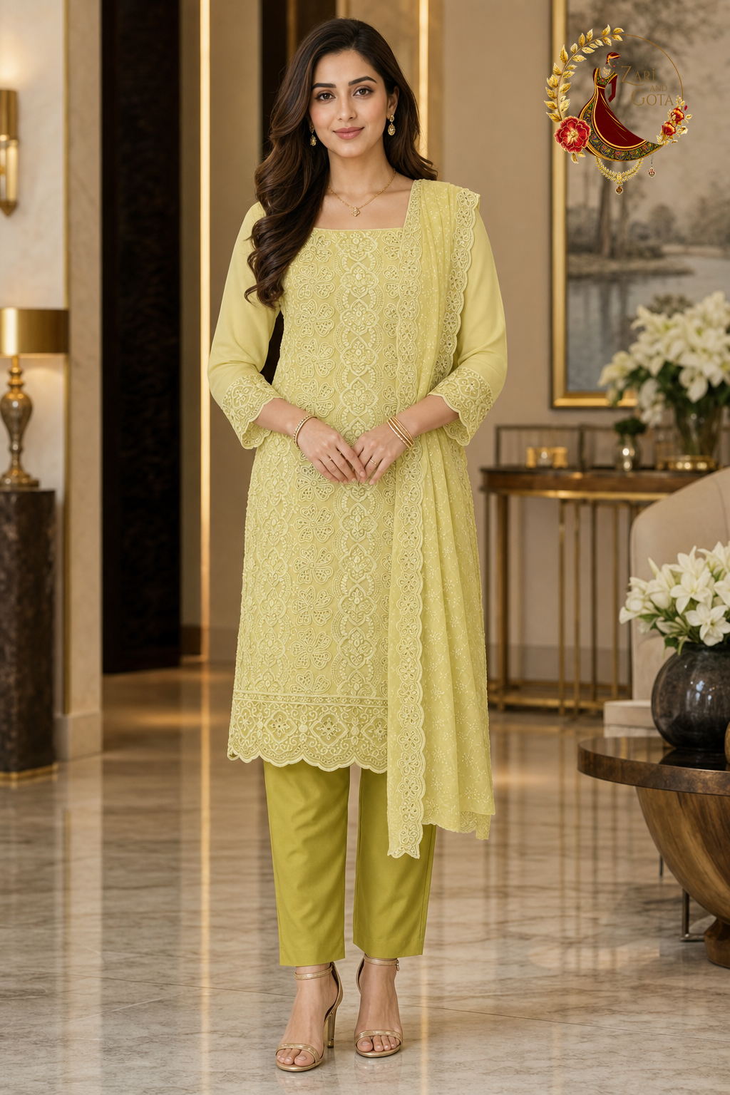 Lemon yellow georgette unstitched suit set with tonal cutwork chikankari, water sequins and scalloped dupatta, worn by a model, Zari and Gota UK