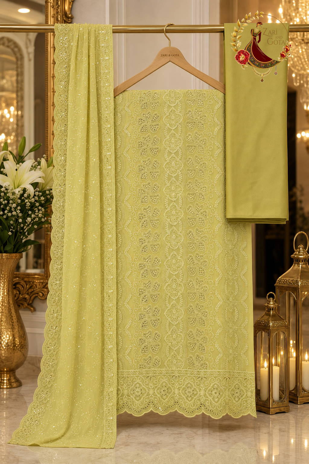 Unstitched lemon yellow georgette chikankari suit set components displayed on a hanger: shirt fabric, dupatta and bottom