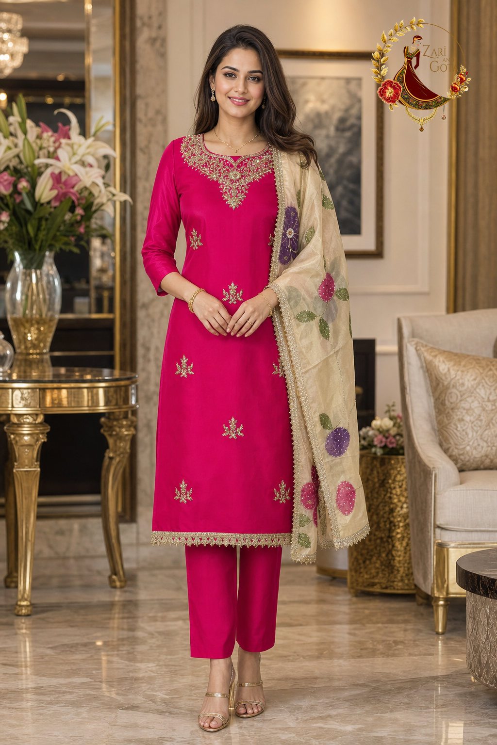 Magenta crepe unstitched suit set with sequin, pearl and cutdana neckline and beige floral-printed Chanderi dupatta, worn by a model, Zari and Gota UK
