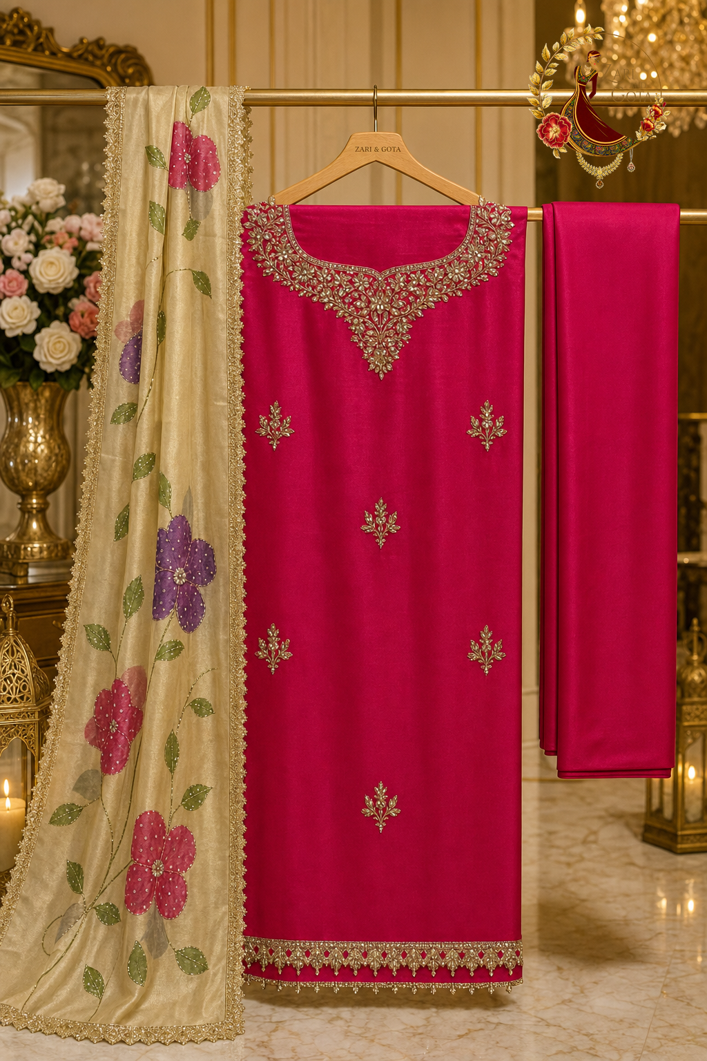 Unstitched magenta crepe suit set components displayed on a hanger: shirt fabric, printed Chanderi dupatta and bottom