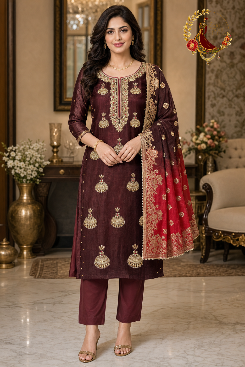 Deep maroon silk unstitched suit set with kundan and dabka jhumka embroidery and two-tone maroon-red Banarasi dupatta, worn by a model, Zari and Gota UK