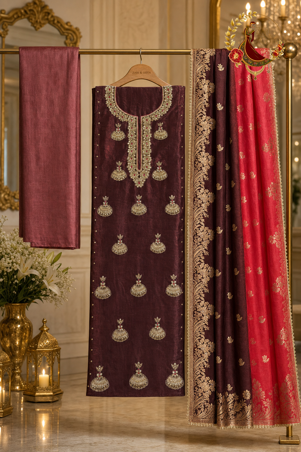 Unstitched deep maroon silk jhumka embroidered suit set components displayed on a hanger: shirt fabric, Banarasi dupatta and bottom