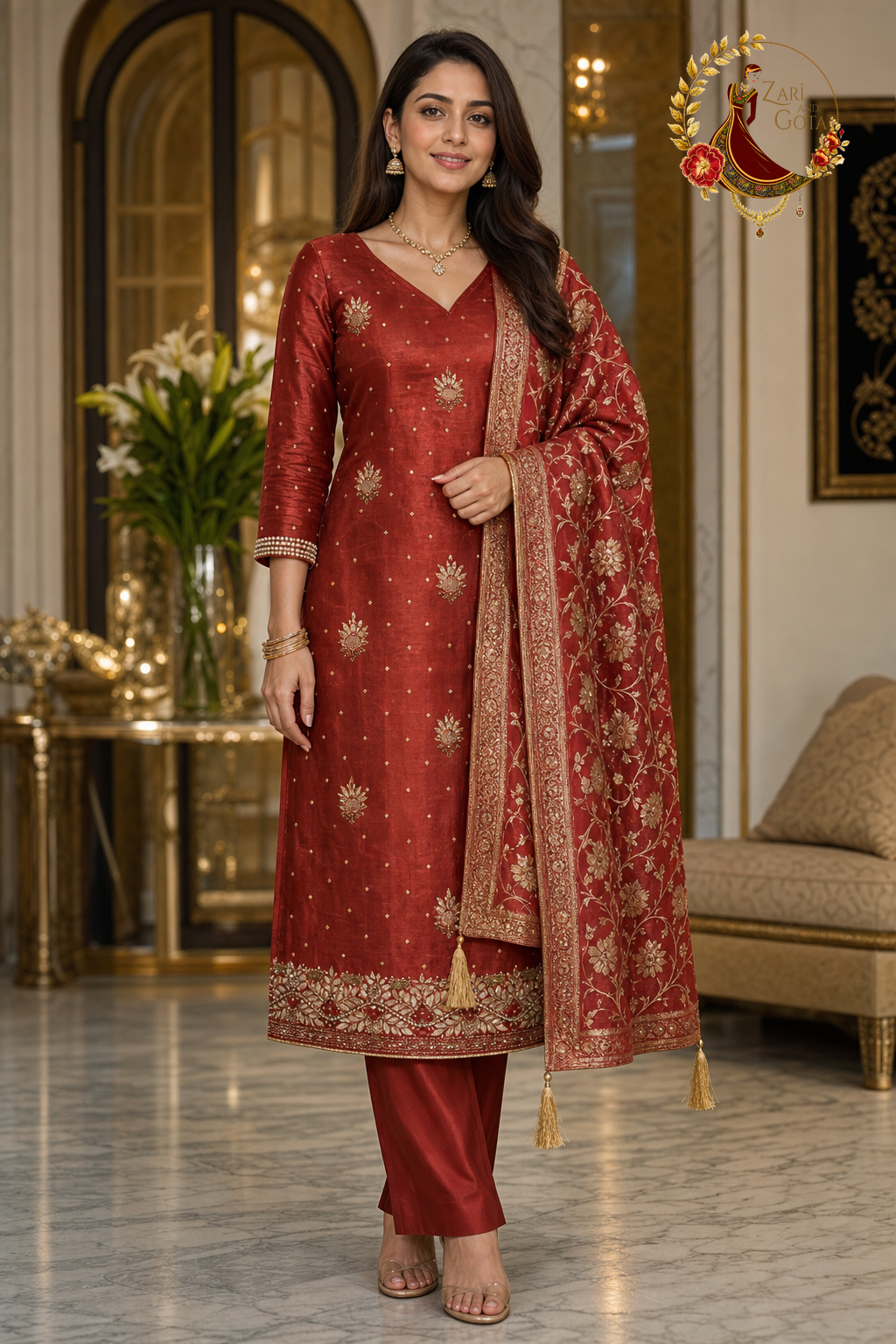 Rust orange silk unstitched suit set with antique gold zardozi, sequin dots and woven Banarasi zari dupatta, worn by a model, Zari and Gota UK