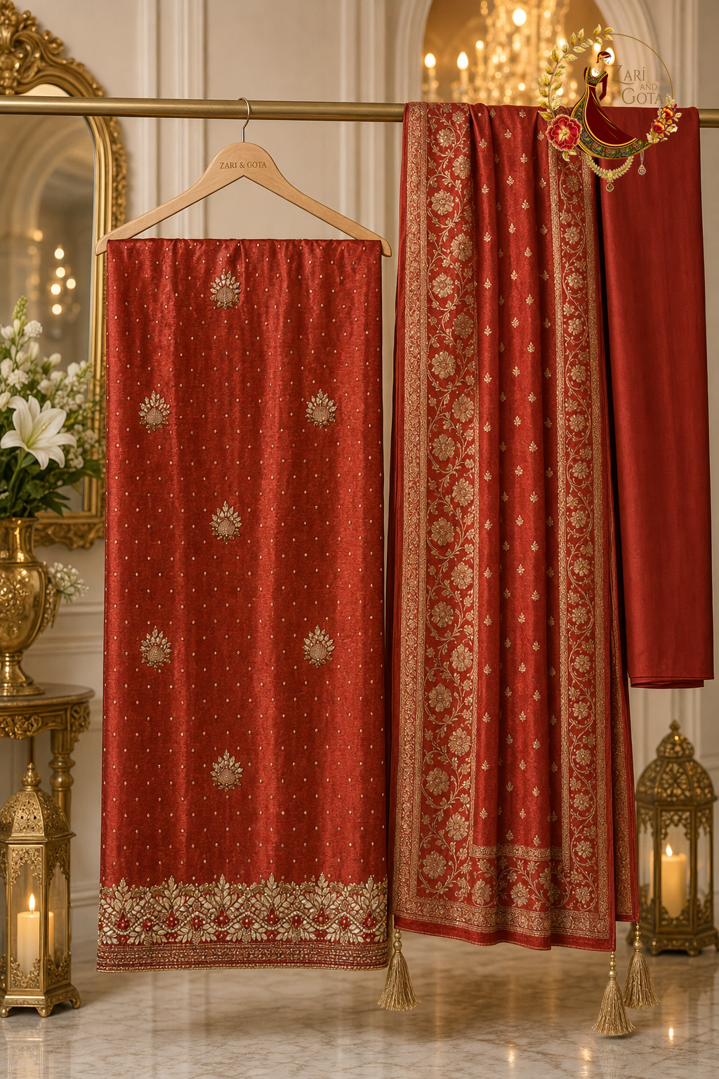 Unstitched rust orange silk antique zardozi suit set components displayed on a hanger: shirt fabric, Banarasi dupatta and bottom