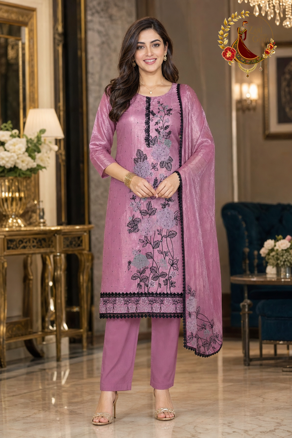 Pink glass tissue floral embroidered unstitched suit set with lace dupatta, worn by a model with straight trousers, Zari and Gota UK
