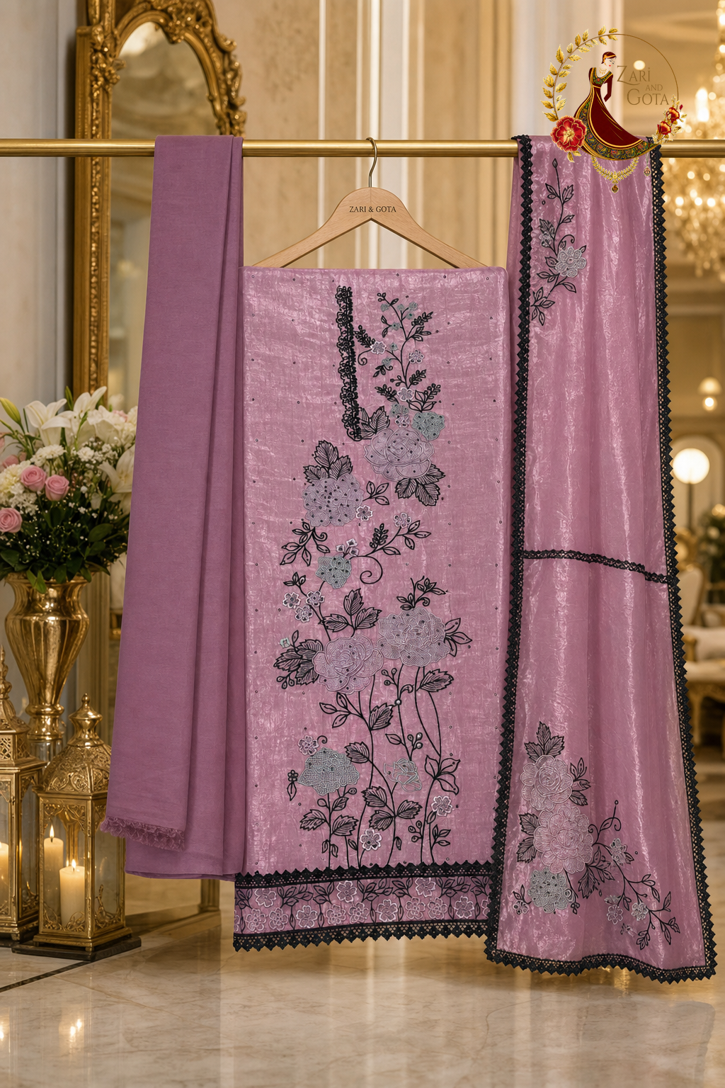 Unstitched pink glass tissue floral embroidered suit set components displayed on a hanger: shirt fabric, lace-trimmed dupatta and bottom