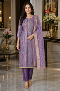 Purple Chanderi silk ikat stripe kundan neck unstitched suit set with Banarasi dupatta, worn by a model with straight trousers, Zari and Gota UK