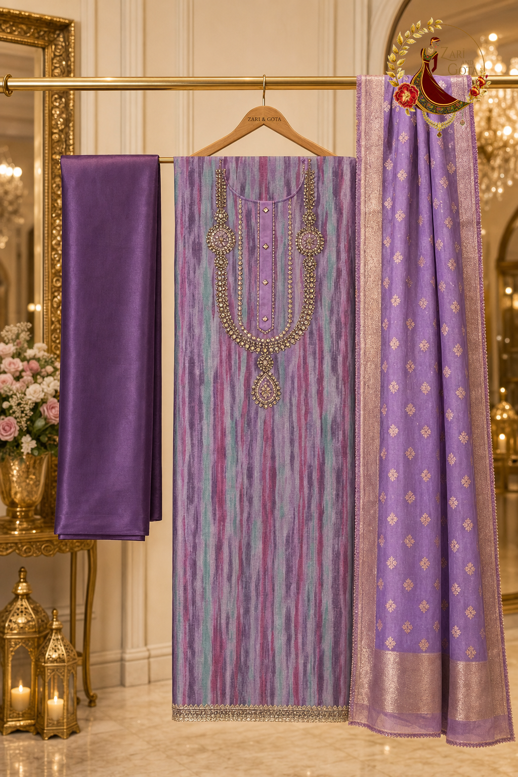 Unstitched purple Chanderi silk ikat stripe suit set components displayed on a hanger: shirt fabric, Banarasi dupatta and bottom