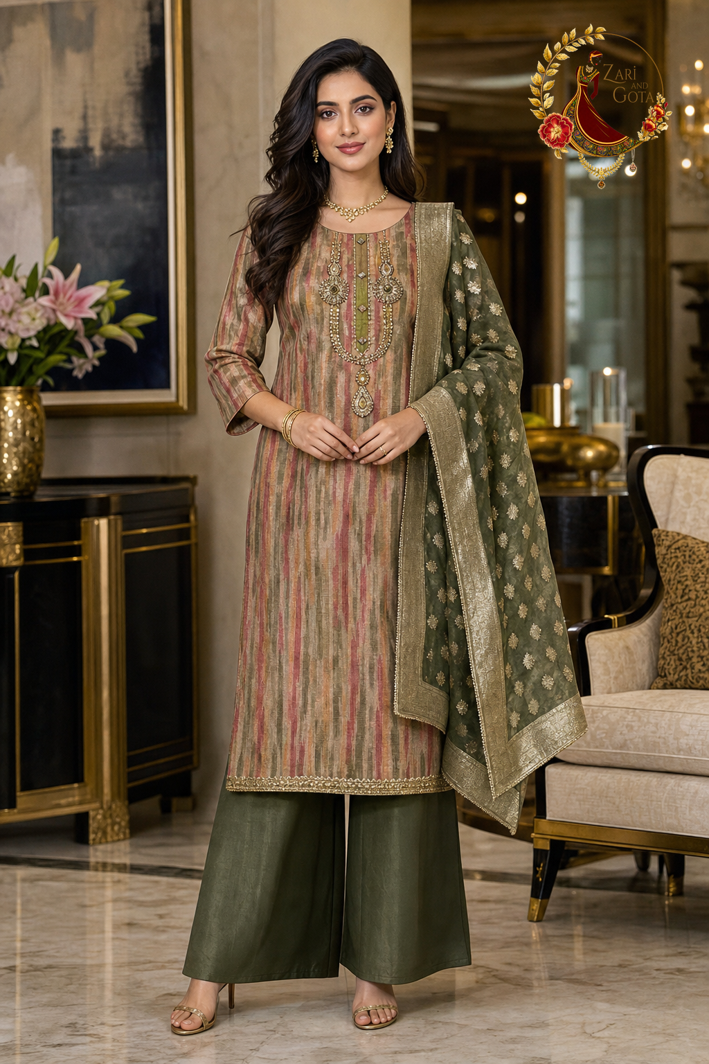 Dark Olive Green Chanderi silk ikat stripe kundan neck unstitched suit set with Banarasi dupatta, worn by a model with palazzo trousers, Zari and Gota UK