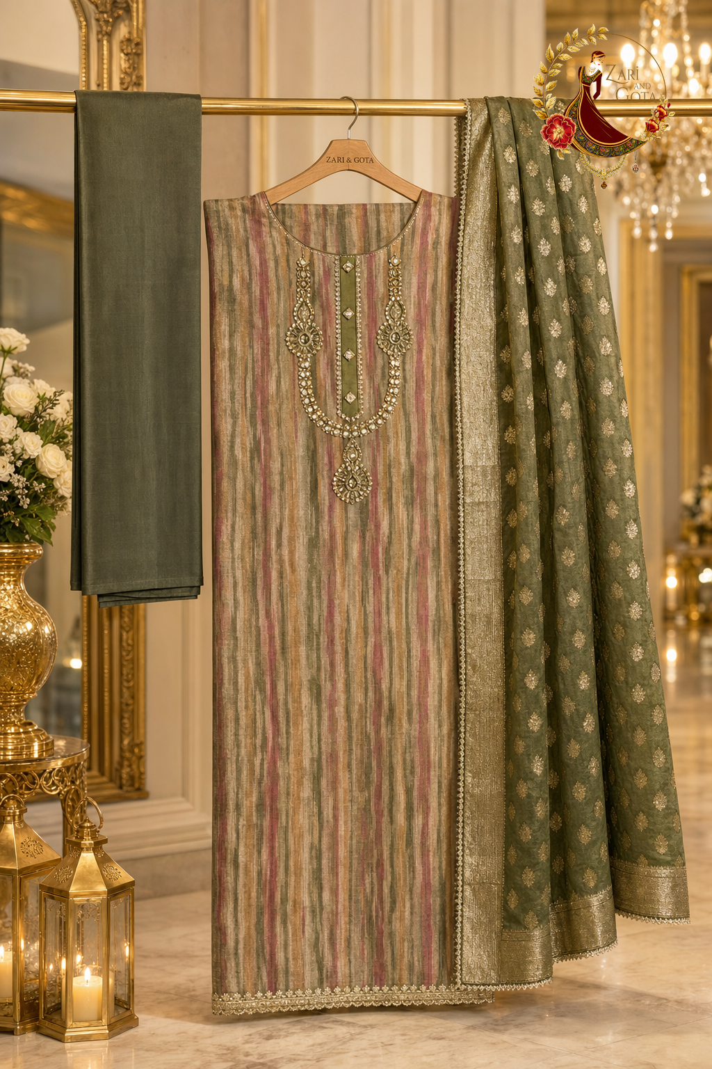 Unstitched dark olive green Chanderi silk ikat stripe suit set components displayed on a hanger: shirt fabric, Banarasi dupatta and bottom