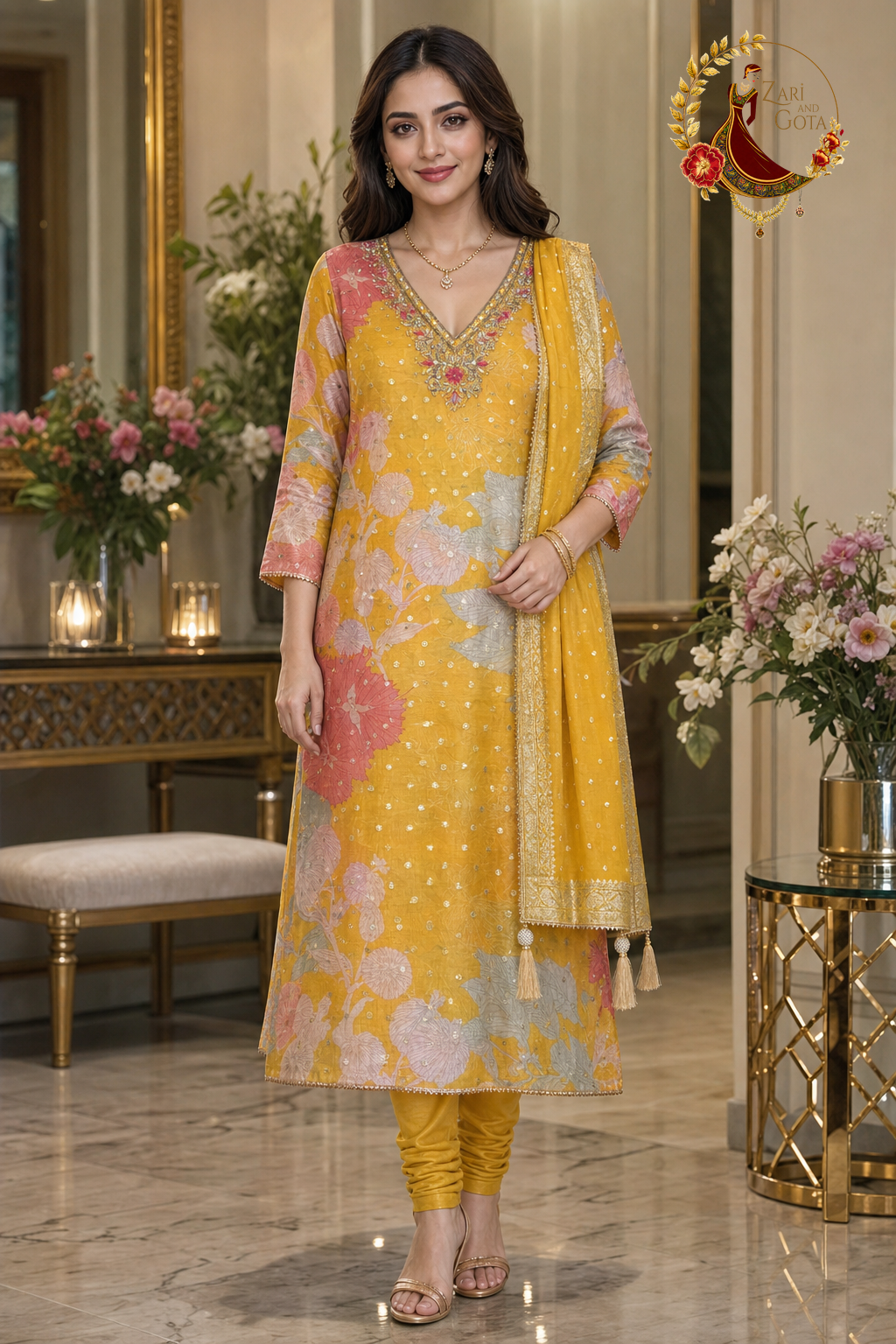 Yellow floral print Banarasi silk designer unstitched suit set with Banarasi dupatta, worn by a model with a churidar, Zari and Gota UK