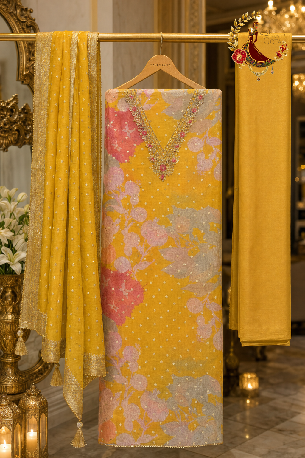 Unstitched yellow floral print Banarasi silk suit set components displayed on a hanger: shirt fabric, Banarasi dupatta and bottom