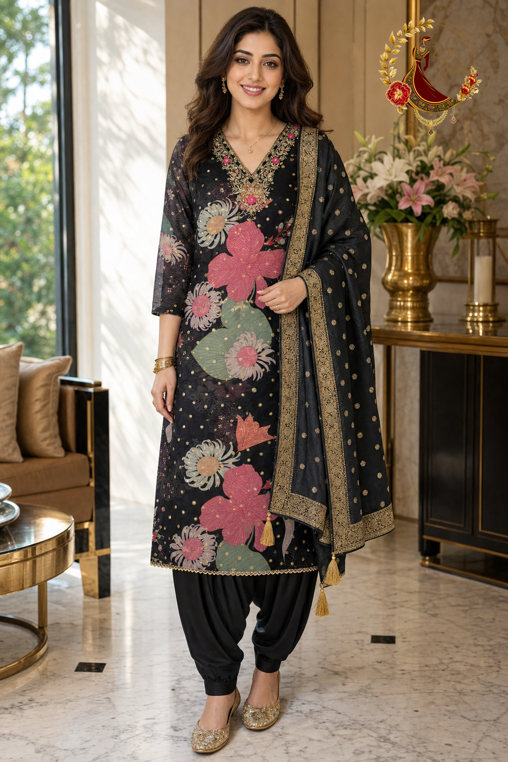 Black floral print Banarasi silk designer unstitched suit set with Banarasi dupatta, worn by a model with a Punjabi salwar, Zari and Gota UK