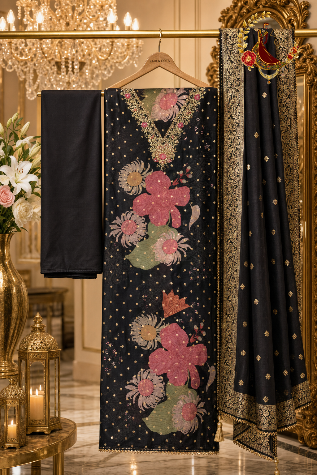 Unstitched black floral print Banarasi silk suit set components displayed on a hanger: shirt fabric, Banarasi dupatta and bottom