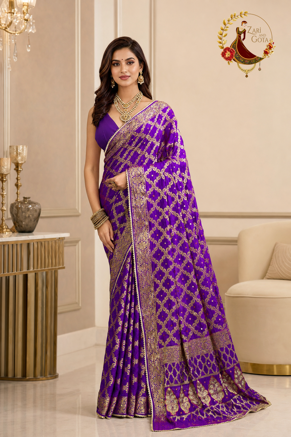 Purple ghatchola Banarasi silk saree with gold zari lattice, worn by a model