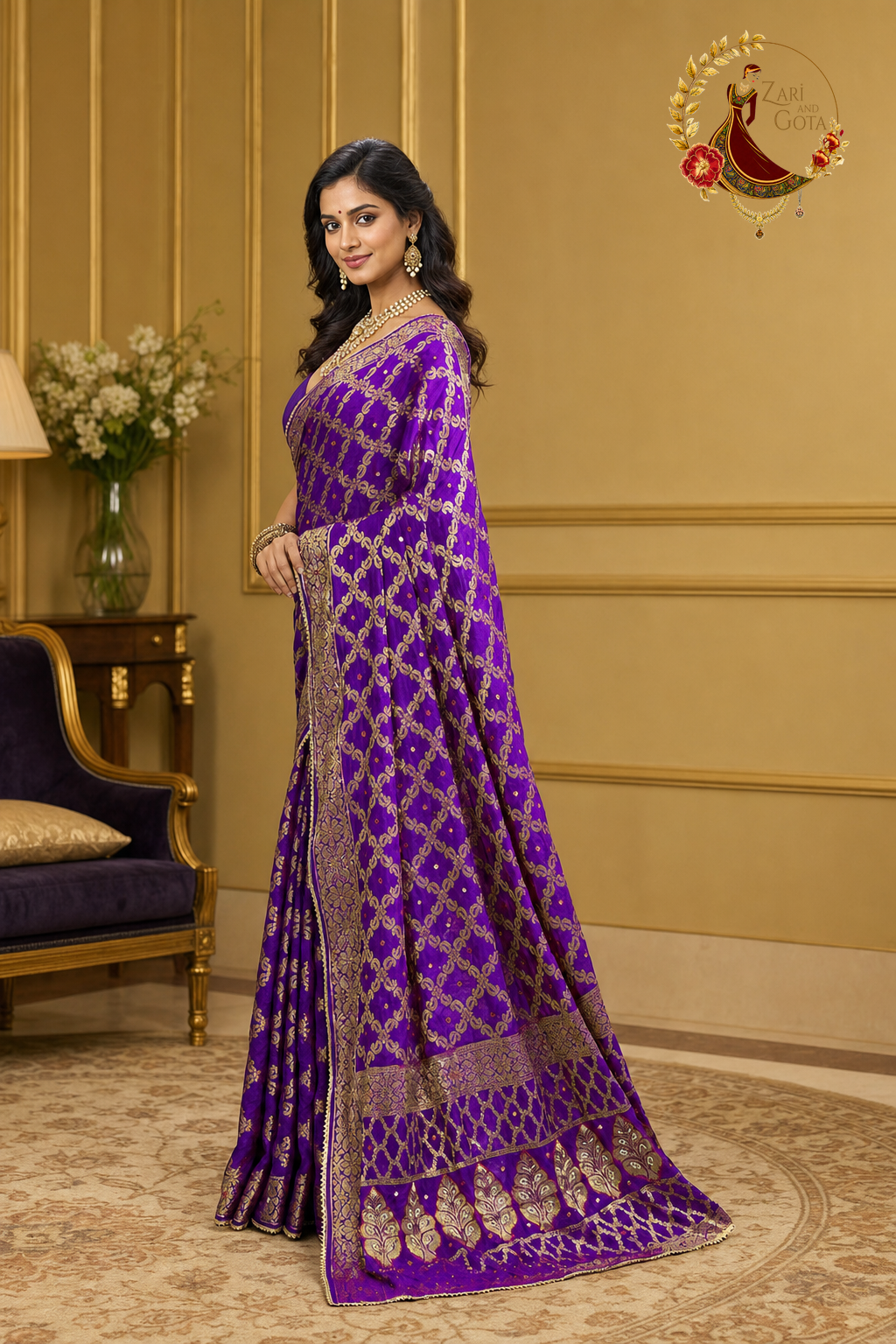 Front view of the purple ghatchola saree showing the zari grid and brocaded border