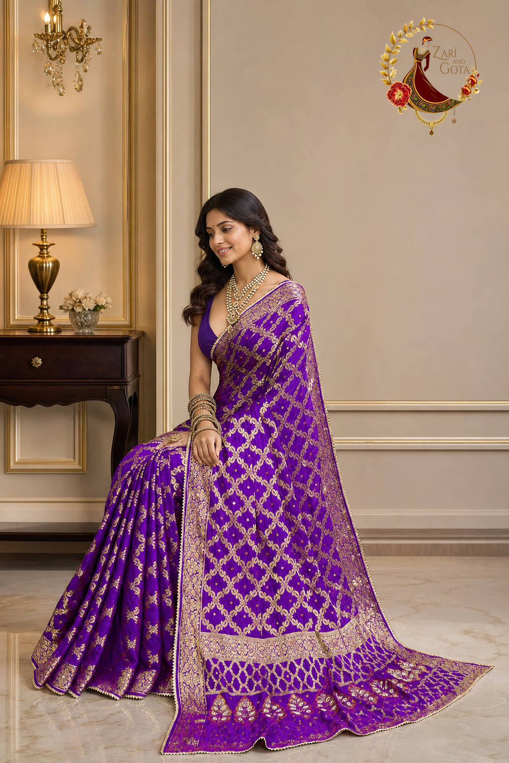 Purple ghatchola saree with the pallu draped over the arm