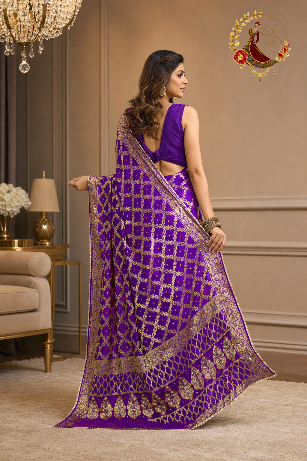 Back view of the purple ghatchola saree showing the full pallu