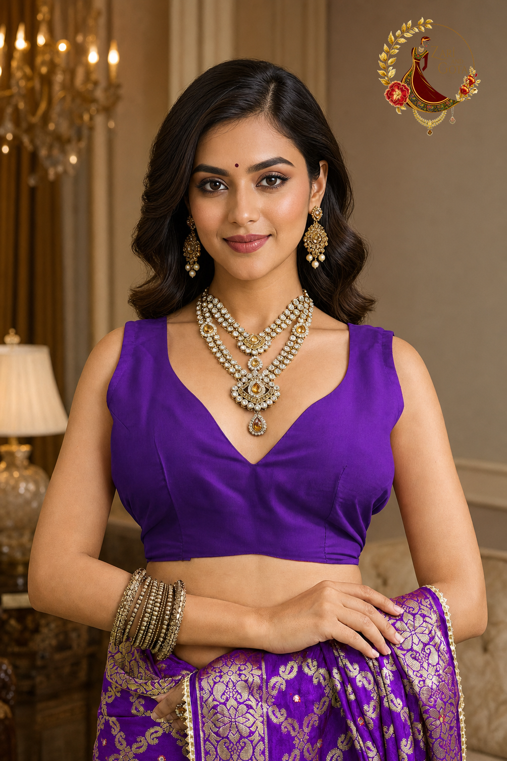 Close view of the purple blouse and the mirror-and-pearl scalloped edging