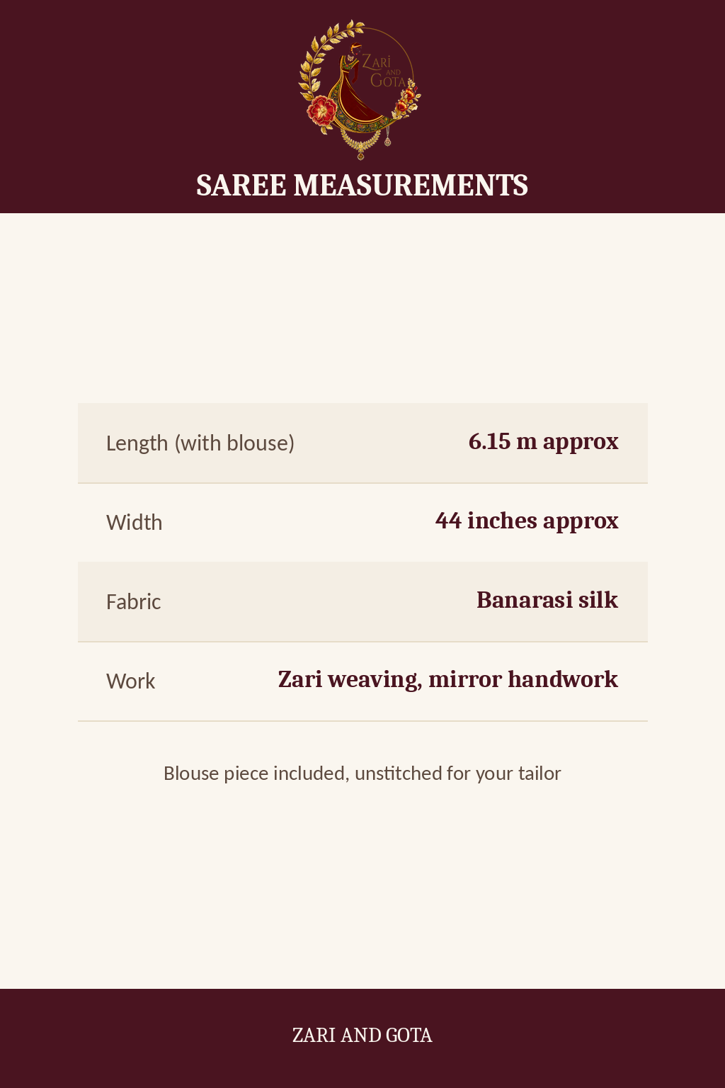 Zari and Gota size guide: saree length 6.15 metres with blouse, width 44 inches, Banarasi silk