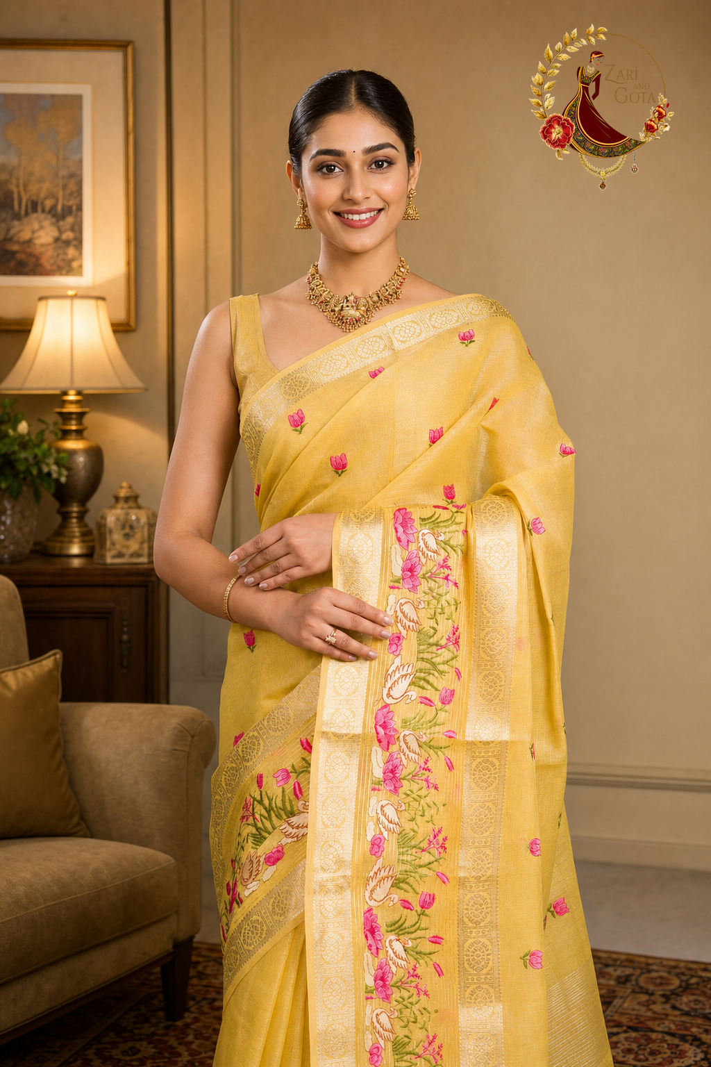 Close view of the embroidered pink and green floral band running down the pallu